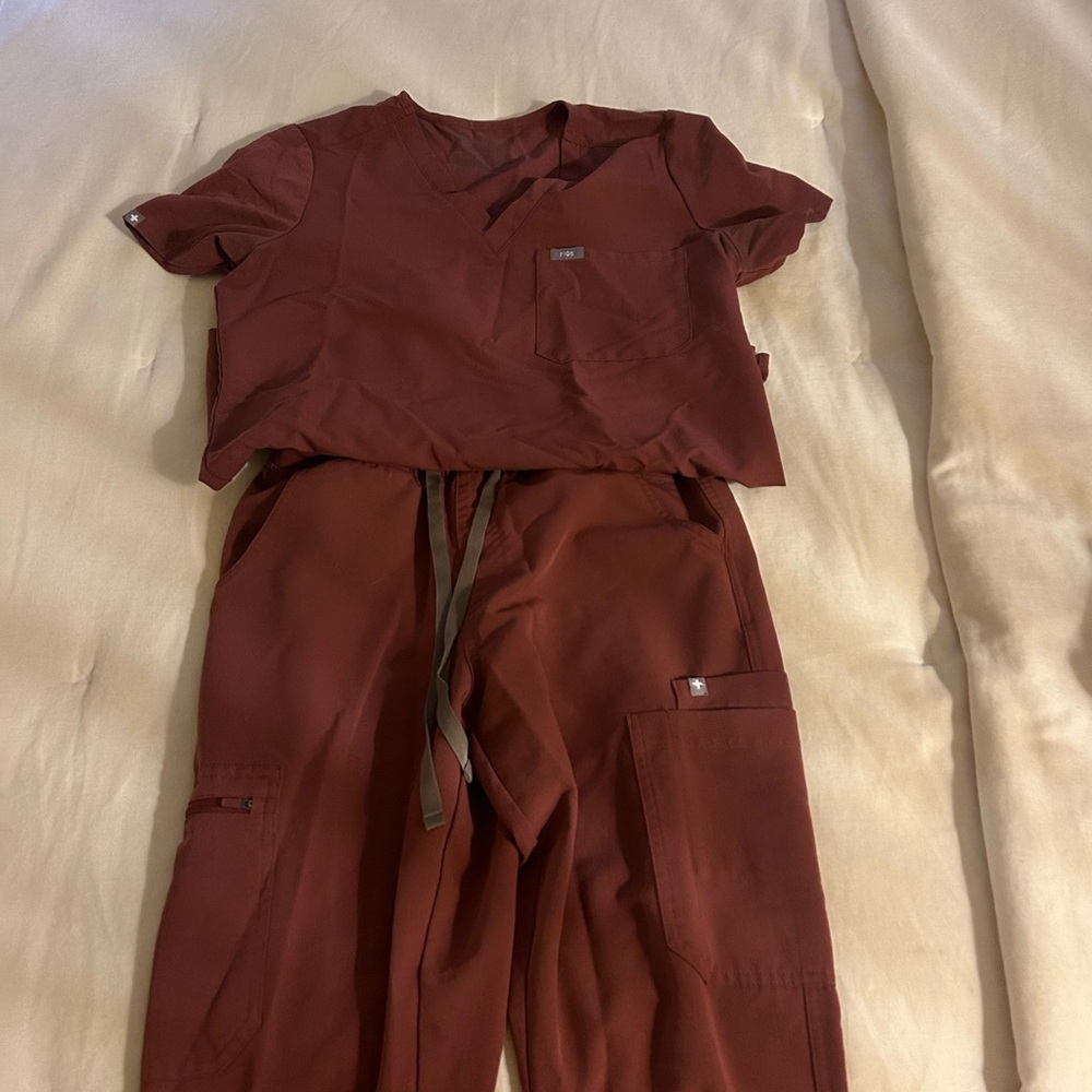 Figs Dark Cherry High Waisted Yola pants and One pocket Catarina top set